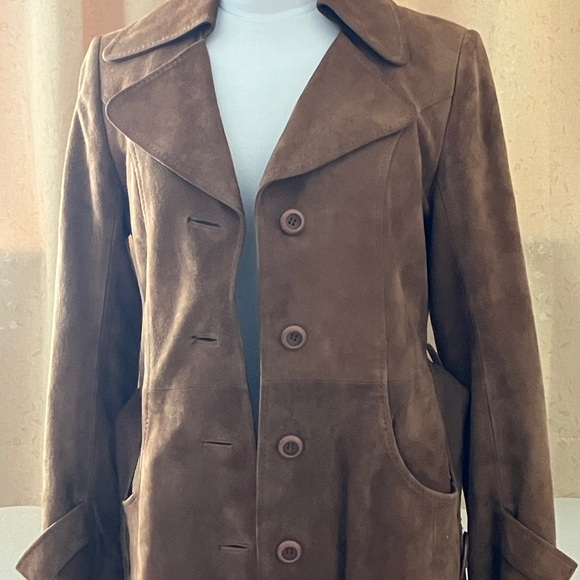 COPY - Genuine Leather Long Brown Suede Trench Style Coat. - Picture 3 of 16